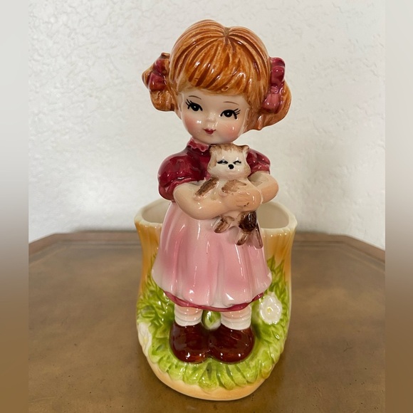 Vintage Adorable LEFTON Planter Vase Girl Holding Cat Ceramic RARE - Picture 1 of 11